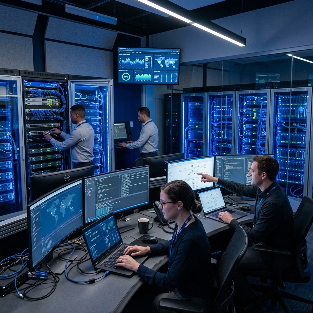 IT Engineers working in a modern office with servers